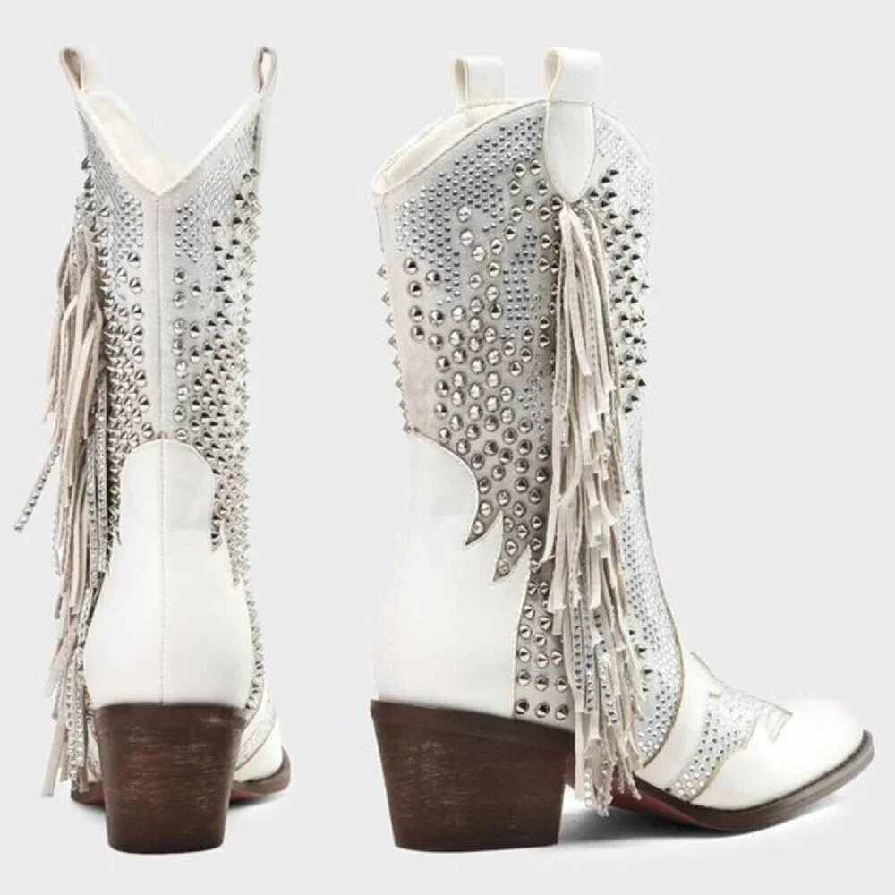 Women Rhinestone Western Boots - Pointed Toe Chunky Heel Ankle Cowgirl Booties - Picture 3 of 6